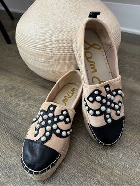 SAM EDELMAN Celton Espadrilles Size 8 Medium Pearl Black Suede Leather